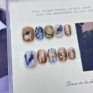 Nouveau produit lancé, Faux ongles à presser faits main, motif fleur de fin de printemps, plaqué or, effet œil de chat, prêts à poser - Product Image 5