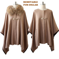 Poncho en fourrure pour femmes, col amovible en fourrure de raton laveur, cape en tricot, pull ample, châle pour femmes, en stock