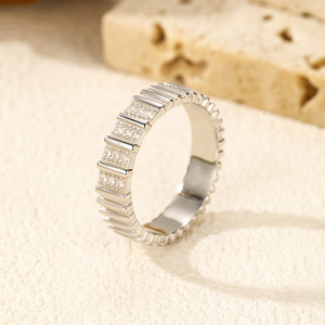 S925 <b>Silver</b> <b>Eternity</b> Band <b>Ring</b> With Round Diamond Pave Setting Geometric Design Classic Unisex Wedding <b>Ring</b> - Product Image 3