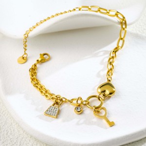 Stainless Steel 18K Gold Plated Combination Chain Zircon <b>Bracelet</b>-Heart Lock Key Pendant Design Versatile Stylish Party Jewelry - Product Image 3