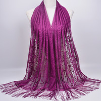 Long Style Lady Châle Musulman Hijab Écharpe avec Dentelle Évider Frange Solide Couleur Soie Style D'été En Polyester