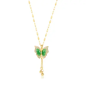 Meilleure vente plaqué or Jade naturel Jade vert pendentif papillon gland en acier inoxydable collier papillon