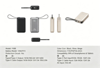 Banco de Energía Portátil de Gran Capacidad, Carga Rápida PD de 22.5W, Ultra Delgado, 20000mAh, Cables Integrados, Carga Rápida, Enchufe de CA Plegable