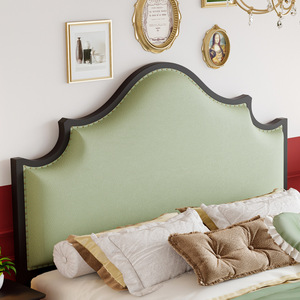 Lit rembourré en bois massif, double, avec dossier haut, en tissu vert, meubles de chambre à coucher - Product Image 3
