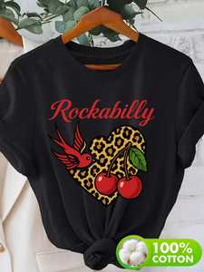 T-shirt pour femme Rockabilly, taille plus, manches courtes, col rond, coton, imprimé léopard, cœur, cerise, printemps, été, haut décontracté - Product Image 3