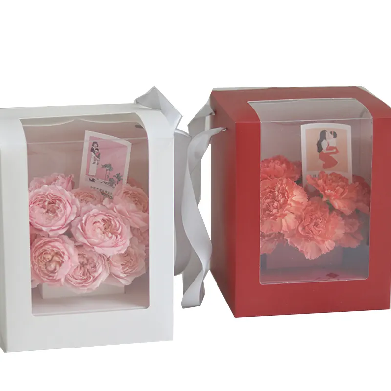 卸売カスタム高級ギフトボックス包装花紙ボックス窓付き長方形白い花ギフトボックス