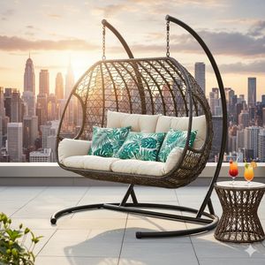 Fauteuil suspendu double moderne KD durable, canapé suspendu imperméable, panier suspendu en osier, balançoire en rotin PE, jardin extérieur - Product Image 2