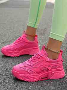 Baskets roses à semelle épaisse pour femmes, collection 2025, respirantes en maille, design patchwork, chaussures de sport quotidiennes toutes saisons - Product Image 3