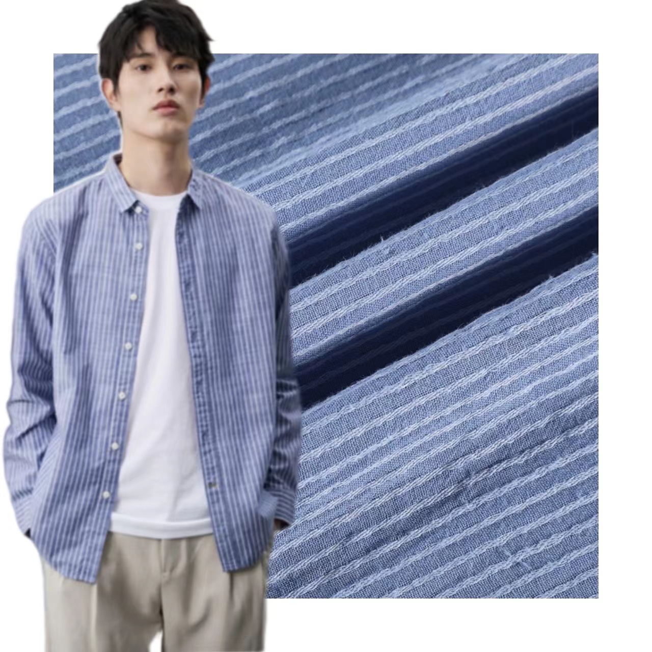 Полиэфирное искусственное хлопковое вискозное штапельное волокно Keqiao, тканая полосатая рубашка, текстильная ткань