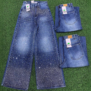 Jeans Cargo da Donna a Gamba Larga in Denim Vestibilità Larga Stile <span class=keywords><strong>Boyfriend</strong></span> Streetwear con Strass Termoadesivi Collezione Primavera - Vendita all'Ingrosso - Product Image 1