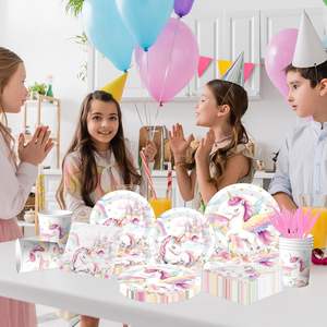 Décorations d'anniversaire licorne arc-en-ciel, vaisselle pour fête licorne pour fille, assiettes et serviettes licorne, gobelets pastel - Product Image 2