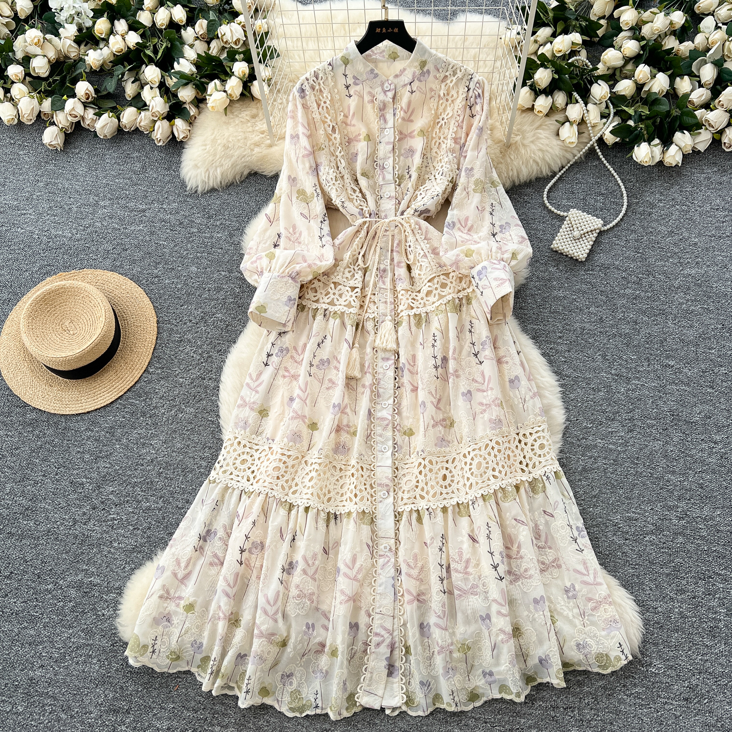 French Fairy Niche Lace Dress - Women's Vintage Long Sleeve Princess Dress, High Waist, S/M/L/XL, Apricot