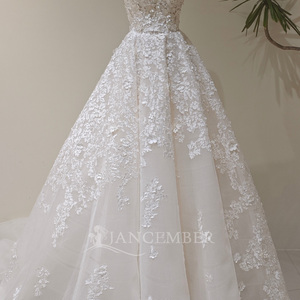 LY139 Modern Ball Gown Long Sleeveless Boat Neck Lace Crystal Appliques <b>Wedding</b> Bridal <b>Dress</b> with <b>Belt</b> - Product Image 5