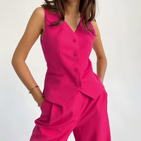 Veste élégante sans manches à col en V de couleur unie Ensemble tendance Pantalon long Lâche Taille haute Haut de tailleur Bouton vente en gros Été décontracté Femmes
