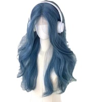 Wig Sintetis Cosplay Biru Bergelombang Panjang Desain Baru untuk Wanita, Wig Tanpa Lem HD untuk Cosplay, Rambut Kepang Tahan Panas, Wig Rambut Manusia