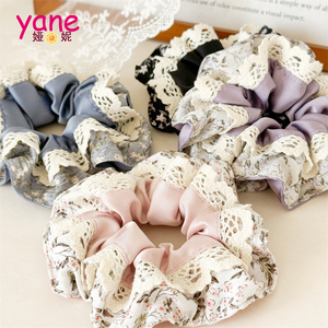 Scrunchie Rambut Kain Lace Dua Lapis Motif Bunga, Ikat Rambut Manis untuk Wanita, Karet Rambut Besar Ukuran Jumbo - Product Image 4