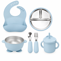 Ensemble de vaisselle en silicone pour bébé avec assiette compartimentée en acier inoxydable, bol à ventouse, bavoir, cuillère, fourchette et tasse à bec.