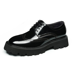 Heeled leather polished leather men's English-style engraved genuine leather round-toe lightweight thick-<b>soled</b> loafers - Product Image 1