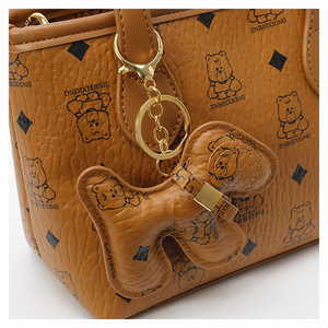 Retro Bear Pattern Polyester Bucket Crossbody Handbag Women Handheld Zipper <b>Bag</b> With Keychain Charm - Product Image 6
