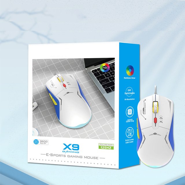 White-blue RGB Right-Handed Wired Luminous Breathing Light Programmable High DPI Gaming Mouse FV-X9 6 Buttons 1.5M Cable