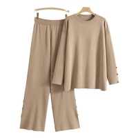 Ensemble pantalon et pull tricoté pour femme, coupe décontractée, jambe large, deux pièces, anti-boulochage, confort optimal, collection automne