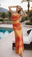 Robe longue moulante en maille sans bretelles avec dentelle, col bénitier, tie-dye tropical, nouvelle collection été 2025 pour femme, mignonne, naturelle et sexy