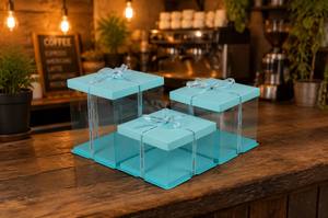 Scatola per torta con coperchio in carta blu, base blu <span class=keywords><strong>e</strong></span> pannelli laterali trasparenti. Materiale per alimenti, ecologico <span class=keywords><strong>e</strong></span> riciclabile. - Product Image 3