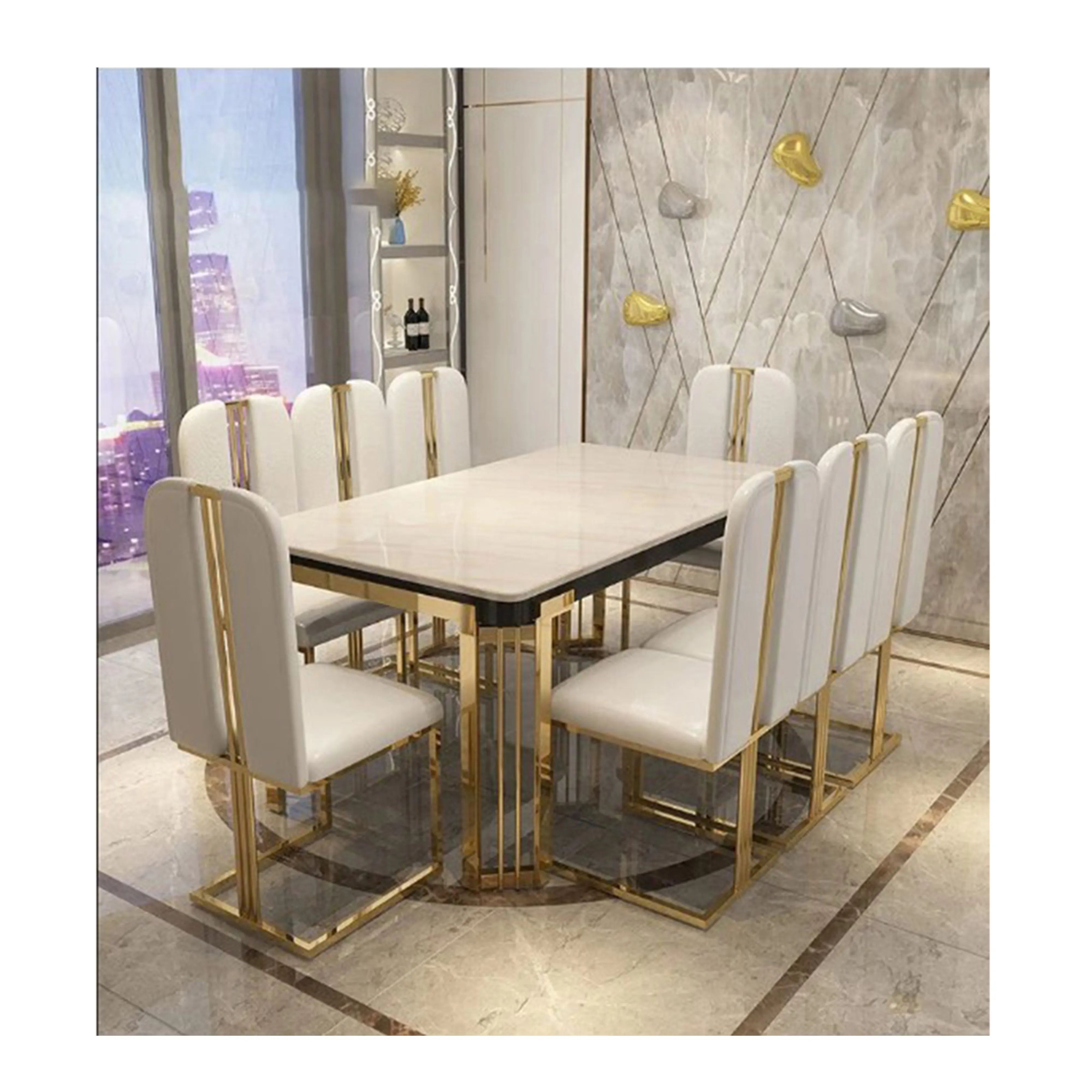 Foshan living room furniture luxury dinning table set 8 chairs dining room furniture for villa