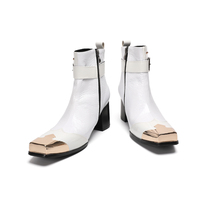Bottes de danse jazz à talon haut en cuir véritable à bout carré NA1004 pour hommes, grandes tailles, avec boucles et sangles, bottes à la cheville, chaussures de soirée en boîte de nuit