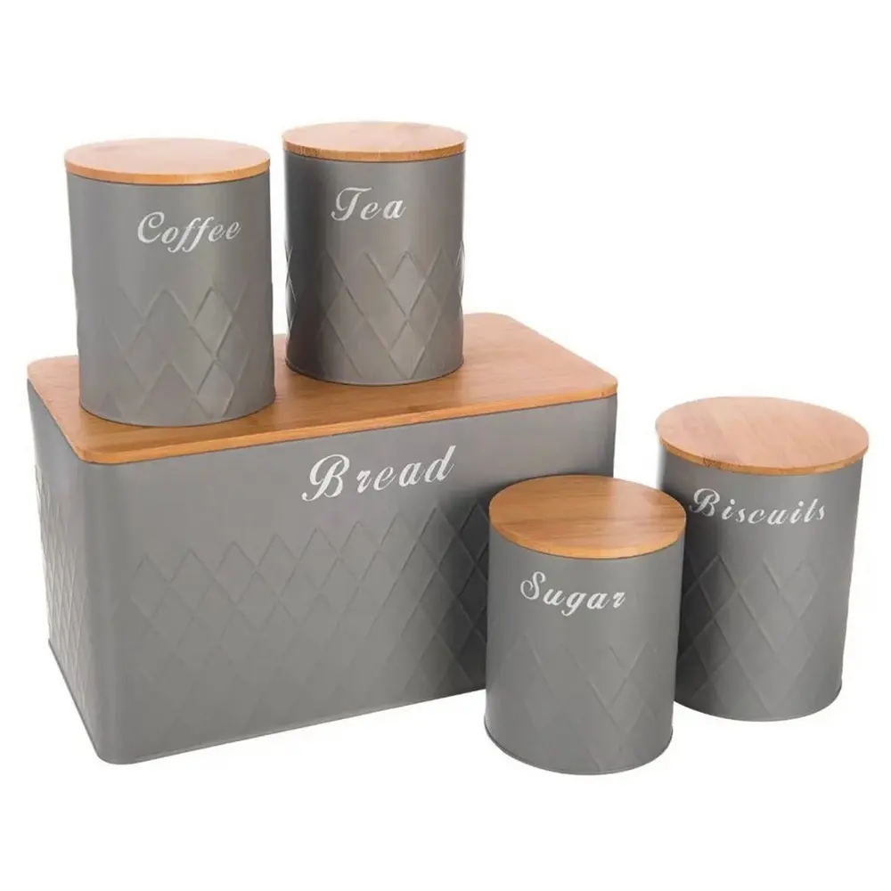 Galvanizado Metal 5pcs Cinza Chá Café Açúcar Jar Pão Bin Box Container Cozinha Storage Tins Canister Set Bamboo Lid