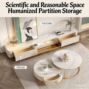 Juego <span class=keywords><strong>de</strong></span> Mesa <span class=keywords><strong>de</strong></span> Centro Redonda y Mueble para <span class=keywords><strong>TV</strong></span> <span class=keywords><strong>de</strong></span> Estilo Moderno y Lujoso, con Marco Metálico, Acabado Brillante, Imitación Mármol, con Cajones, en Blanco y Dorado - Product Image 4