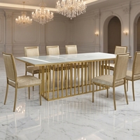 Meubles de salle à manger de luxe modernes, table à manger rectangulaire de grande taille en verre trempé et marbre, plateau en acier inoxydable doré