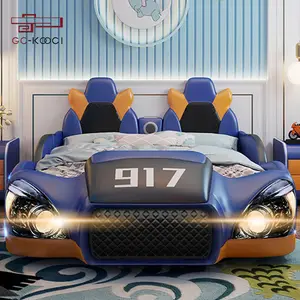 GUCI-Cama infantil de coche deportivo azul, almacenamiento LED, luz, carrera, cama artística