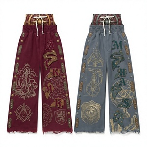 <span class=keywords><strong>Pantaloni</strong></span> Larghi <span class=keywords><strong>in</strong></span> Tela Ispirati allo Stile Steampunk <span class=keywords><strong>con</strong></span> Vita Elastica e Orlo Sfilacciato, Stampa Vintage a Fiamme, Streetwear Vestibilità Ampia per Uomo - Product Image 2