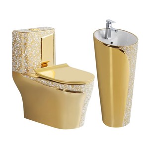 <span class=keywords><strong>Set</strong></span> Sanitario in Porcellana Stile Lusso Reale Dorato, Lavabo Artistico su Colonna, Lavabo Sospeso, <span class=keywords><strong>Set</strong></span> WC Monoblocco - Product Image 1