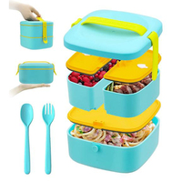 Boîte à lunch bento en plastique sans BPA, résistante aux micro-ondes, de qualité alimentaire, double couche, 3 compartiments, pour enfants et adultes, avec couverts