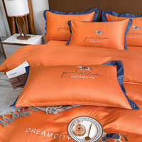 Parure de lit lavable en Machine, ensemble de literie 100% coton Orange avec housse de couette, broderie, 4 pièces