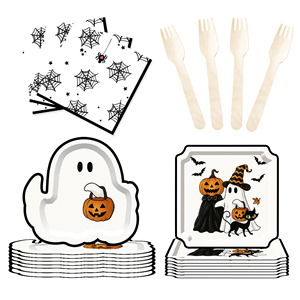 DAMAI Happy White Halloween Paper Plates Set Halloween Theme Party Decorations Paper Plates Cups Napkins for Halloween Party - Product Image 5