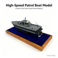 Modèle d'exposition de bateau de patrouille haute vitesse personnalisé avec coque grise, fond noir, mât radar et base en velours bleu