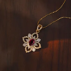 H&F Ruby Stone Necklace Oval Cut Flower Shape Natural Diamond Custom Solid 18k 14k 9k Yellow Gold Pendant Women Manufacturer