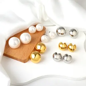 Fashion Huggies Non Tarnish Women 18K Gold Plated Stainless Steel Jewelry Real Natural Stud Pearl Earrings
