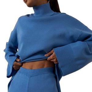 <span class=keywords><strong>Pantaloni</strong></span> Vintage lavorati a maglia da <span class=keywords><strong>donna</strong></span> set di <span class=keywords><strong>pantaloni</strong></span> larghi a tinta unita completi maglione irregolare Pullover abiti Casual per l'autunno - Product Image 3