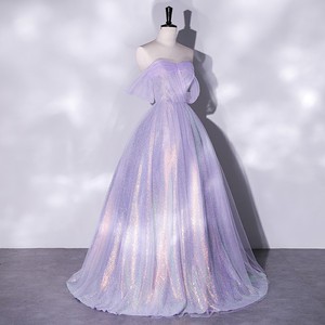 Violet Off-Shoulder Evening Gown Empire Waist Mesh Long Dress For Banquets And Annual Meetings - Product Image 2
