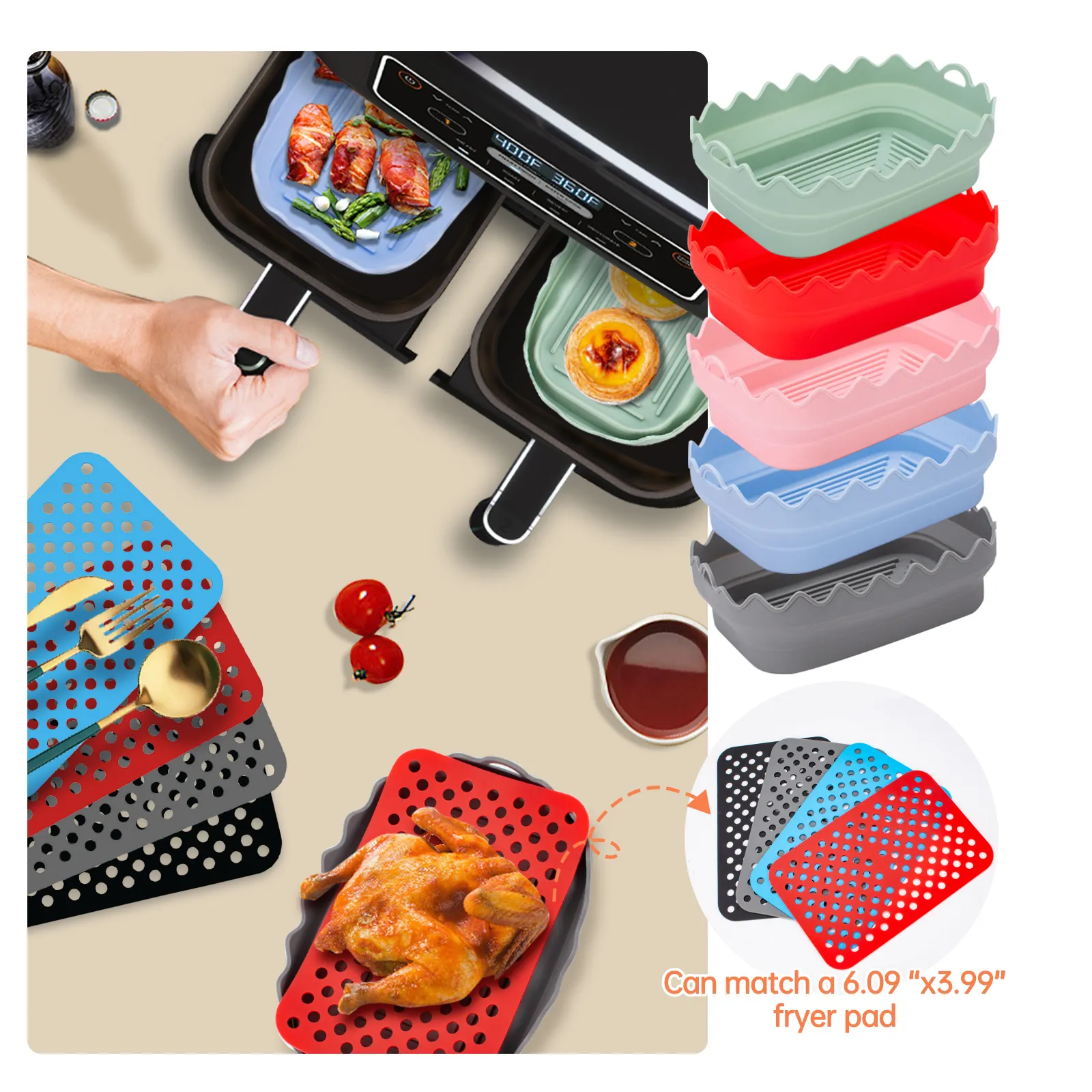 Rectangle Air Fryer Silicone Pots Reusable Silicone Air Fryer Liners Food Safe Non Stick Air Fryer Basket Accessories