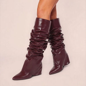 נשים באיכות גבוהה הבוהן המחודדות parto מגפיים גבוהים סקסי <span class=keywords><strong>wedge</strong></span> עקב מגפיים ארוכים אופנה לקפל מעל הברך מגפיים גבוהים - Product Image 6