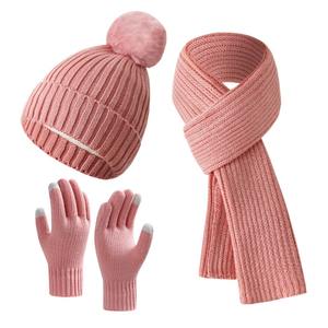 Usine femmes automne hiver trois pièces ensemble doux Double couche chaud <span class=keywords><strong>laine</strong></span> tricoté chapeau longue plaine Style écharpe gants Protection des oreilles - Product Image 5