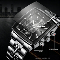 Montre-bracelet à quartz pour homme 89208 Business Luxury Square Small Three Needle, chronographe, date, bracelet en acier inoxydable, lumineuse, tendance