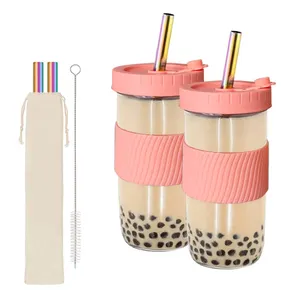 DD1804 2 Pack 24Oz Wide Mouth Smoothie Mason Jar Set Glass with Lids and Stainless Steel Straws Brush Reusable Bubble Boba Cup