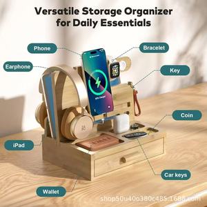 Wooden <b>Desktop</b> Phone Docking Station Earphone Key Wallet Storage Rack Solid Wood Multi Purpose Bedside Organizer - Product Image 3