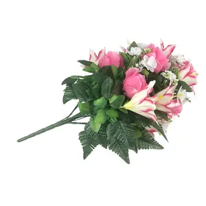 Großhandel künstliche Blume Seide künstliche Friedhof Blumen Lily Outdoor Grab Dekorationen Begräbnis Bouquet Seide